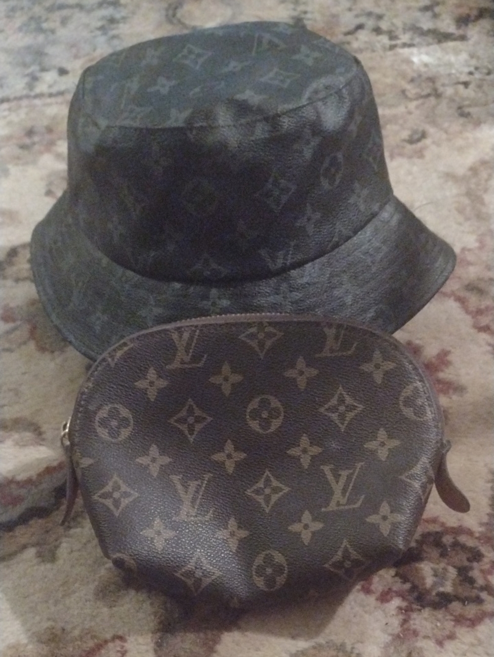 Vintage Black Leather Bucket Hat/ Brown/ tan Logo Make Up Bag $175
